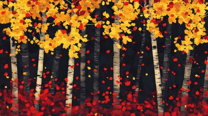 Aufkleber - Autumn forest scene with yellow and red leaves on trees and black background suitable for nature themes Copy Space