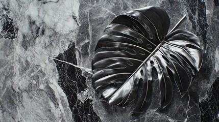 Leinwandbilder - Black Monstera Leaf on Dark Marble Background with Copy Space for Text