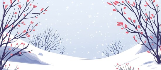 Poster - Winter landscape with snow-covered ground and bare trees, pink buds, and snowfall in a soft color palette, Copy Space.
