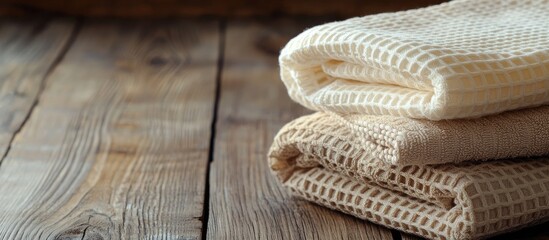 Poster - Folded kitchen towels on rustic wooden surface with natural light Copy Space