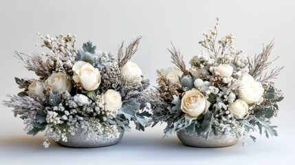 Aufkleber - Two elegant floral arrangements with white roses and dried greenery in decorative silver containers against a neutral background Copy Space