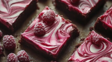 Wall Mural - Raspberry marble cheesecake brownies arranged on a textured surface with fresh raspberries on top and copy space available