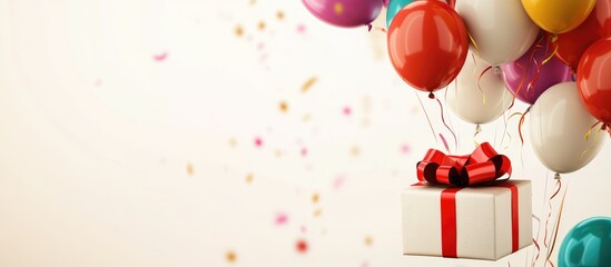 Poster - Colorful balloons with a gift box suspended beneath them on a light background with confetti and ample copy space for text.