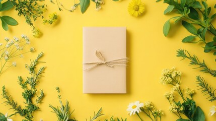 Aufkleber - Gift box wrapped in brown paper surrounded by fresh herbs and flowers on bright yellow background with Copy Space
