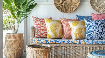 Aufkleber - Colorful cushions on a wicker sofa with decorative wall baskets and a potted plant in a bright interior setting Copy Space