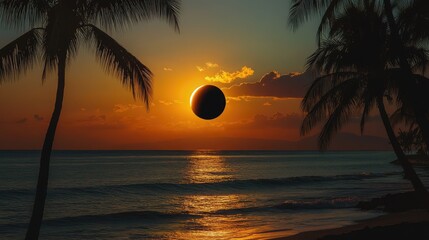 Poster - Sunset over a tranquil beach with silhouetted palm trees and a unique solar eclipse effect in the sky Copy Space