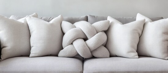 Aufkleber - Modern living room interior design featuring beige decorative pillows on a sofa with a prominent knot-shaped cushion Copy Space