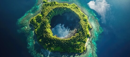 Poster - Aerial view of a green volcanic island with a circular caldera surrounded by blue ocean and waves, Copy Space available.