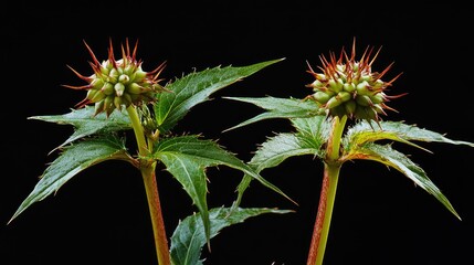 Aufkleber - Thorny flowers on green stems against black background with copy space for text. Close-up of botanical subject in natural lighting.