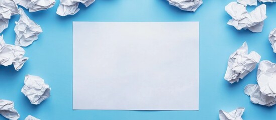 Fototapete - Crumpled paper surrounding a blank sheet on a blue background with ample Copy Space for text placement or design elements