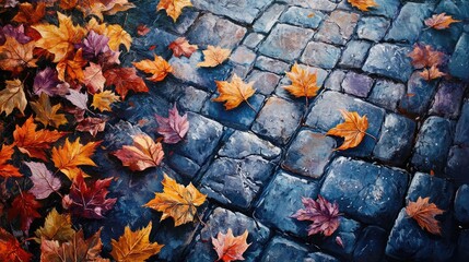 Aufkleber - Colorful autumn leaves scattered on cobblestone pavement creating a seasonal ambiance Copy Space
