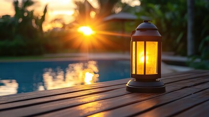 Leinwandbilder - A lit lantern on wooden surface by a swimming pool at sunset with soft focus foreground and background Copy Space