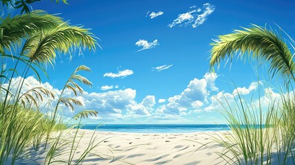 Aufkleber - Tropical beach scene with palm leaves and sandy shoreline under a bright blue sky with fluffy clouds Copy Space