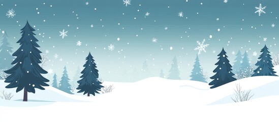 Aufkleber - Winter landscape with snow-covered ground and evergreen trees in a serene color palette with falling snowflakes Copy Space