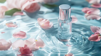 Aufkleber - Transparent perfume bottle in calm water surrounded by soft pink rose petals with natural light reflections Copy Space