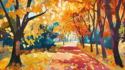 Aufkleber - Bright autumn landscape with colorful leaves on trees lining a path in a park Copy Space
