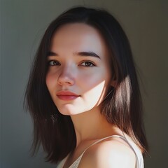 Wall Mural - Portrait Of Young Woman With Light Shining On Face Posing Indoors In White Tank Top