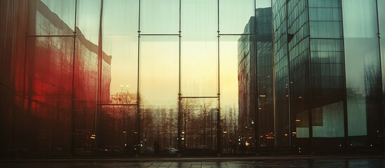 Aufkleber - Modern glass buildings reflecting sunset colors with urban landscape in background and wet pavement showcasing Copy Space.
