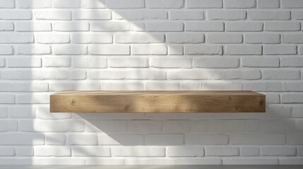 Leinwandbilder - Wooden shelf against a white brick wall with natural light casting shadows Copy Space