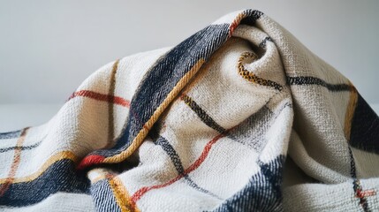 Aufkleber - Close-up of a folded plaid fabric with a soft texture displaying a mix of cream, black, red, and yellow colors, featuring ample Copy Space
