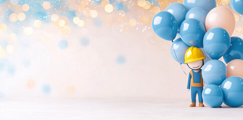 Wall Mural - cheerful construction worker character holds blue and beige balloons against soft, sparkling background. scene conveys sense of joy and celebration