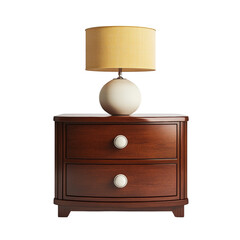 Poster - A dark brown wooden nightstand with two drawers and a yellow table lamp sits on a plain white background.