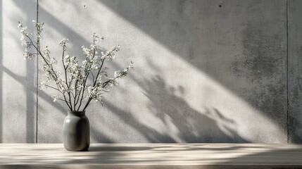 Aufkleber - Vase with white flowers on wooden table against a concrete wall with shadows and light Copy Space