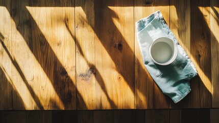 Poster - White ceramic bowl on a folded blue napkin on wooden table with shadows and copy space for text