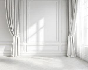 Sticker - Classic white interior with moldings, curtains and parquet chevron floor. 3d render illustration mockup.