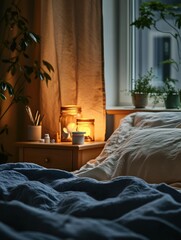 Poster - Relaxing atmosphere in a cozy bedroom with person resting near medicines in soft evening light. Generative AI