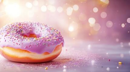 Poster - Delicious, vibrant,  pink glazed donut with sprinkles on a light background.