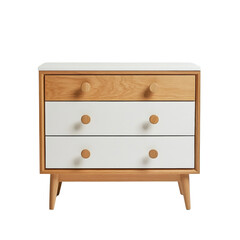 Poster - A minimalist three drawer dresser with a light oak top and white drawers features simple wooden knobs.