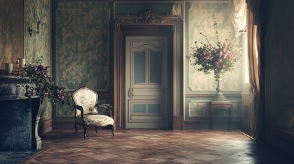 Sticker - Antique Room Interior with Floral Arrangement and Chair