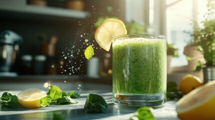 Wall Mural - A refreshing green smoothie is topped with a lemon slice and surrounded by fresh spinach leaves, capturing a vibrant, healthy lifestyle in a sunlit kitchen.