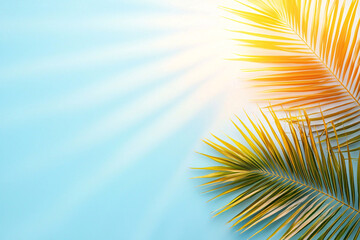 Sticker - Tropical palm leaves against bright blue sky, illuminated by sunlight, create vibrant and refreshing atmosphere. Perfect for summer themes and nature backgrounds