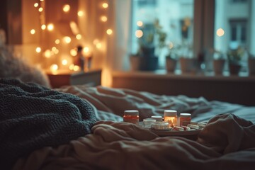 Poster - Cozy bedroom atmosphere with a person resting and various medications on the bed in soft warm light. Generative AI