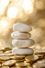 Wall Mural - Stack of White Rocks on Gold Coins