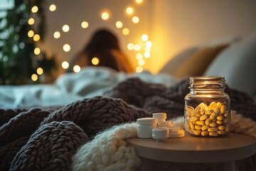 Poster - Cozy bedroom setting with a person resting and medicines nearby in a softly lit atmosphere. Generative AI