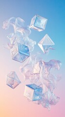 Wall Mural - ice cubes and abstract shapes floating on pastel background