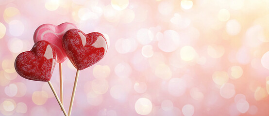 Wall Mural - Heart shaped lollipops in pink and red against soft bokeh background create romantic atmosphere, perfect for Valentine Day celebrations