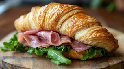 Poster - Delicious croissant sandwich filled with ham and fresh greens, perfect for a delightful breakfast or lunch served at a cozy café