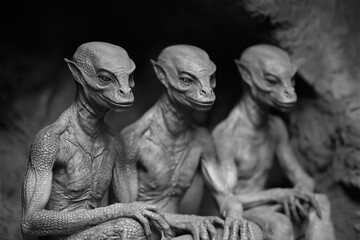three extraterrestrial reptilians sitting in an underground cave waiting to kidnap human beings for 