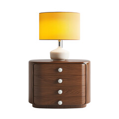 Aufkleber - A modern wooden nightstand with three drawers and a yellow table lamp sits on a white background.