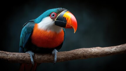 a beautiful toucan with its prominent beak rests on a branch set against a serene backdrop, embodyin