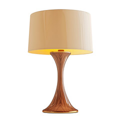 Poster - A stylish modern table lamp features a beige shade and a sleek, hourglass-shaped wooden base with gold accents.