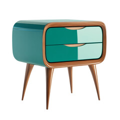 Fototapete - A modern teal nightstand with two drawers and tapered wooden legs is shown against a white background.
