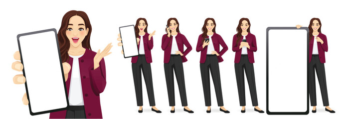 Beautiful business young woman wearing formal outfit holding mobile phone, talking, texting, thinking and showing empty screen isolated vector illustration