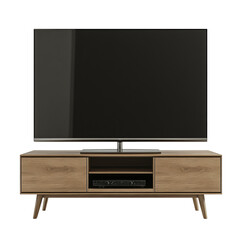 Poster - A modern flat screen television sits atop a light brown wooden entertainment center with storage compartments.