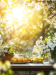 Wall Mural - Wooden table with fruit and flowers