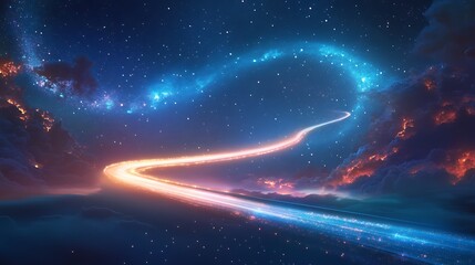 Wall Mural - a luminous light trail meandering through the night sky with glittering stars illuminating the cosmi